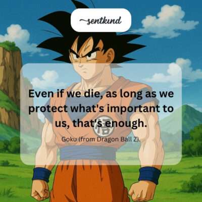 Goku stands defiantly in a fighting stance, preparing to defend his friends against a powerful enemy.