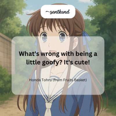 An illustration depicts Tohru Honda from Fruits Basket with her signature bright smile and happy expression, looking genuinely cheerful.