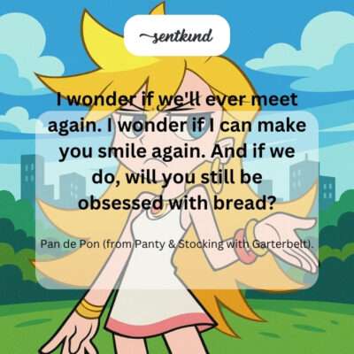An animated figure wistfully looks at a piece of bread, contemplating meeting someone again.