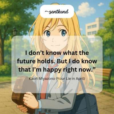 An anime illustration of a smiling girl with long blonde hair playing a violin in a bright, outdoor setting.