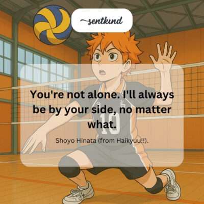 Shoyo Hinata stands beside a teammate on the volleyball court, looking towards the net with a determined yet supportive expression.
