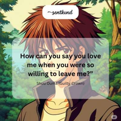 Anime character Shuu Ouma from Guilty Crown looking heartbroken with a pained expression on his face.