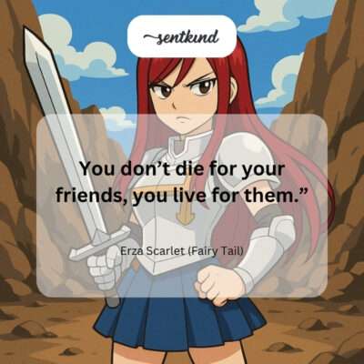 An anime character with scarlet hair stands resolutely alongside her guildmates, symbolizing the strength found in living for friends.
