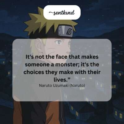 An illustration of Naruto Uzumaki standing between a conventionally heroic-looking figure and a monstrous-looking figure, with light rays emphasizing the path of choices in front of them.