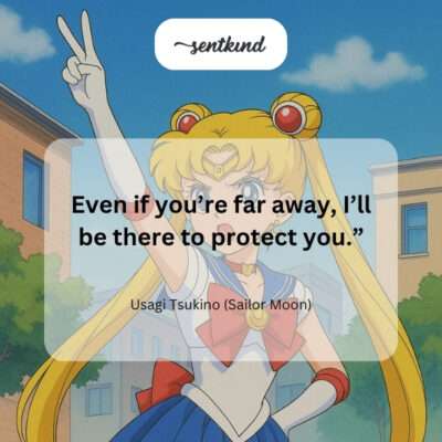 Sailor Moon stands determined, extending a hand outward as if reaching across distance to protect someone.