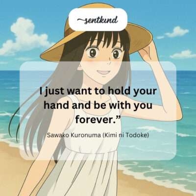 An illustration depicts Sawako Kuronuma from Kimi ni Todoke shyly holding hands with Shouta Kazehaya, symbolizing her heartfelt desire for an eternal bond.
