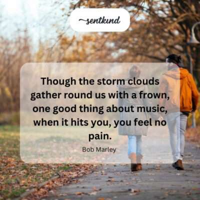 Dark clouds parting to reveal musical notes lifting a person's spirits.