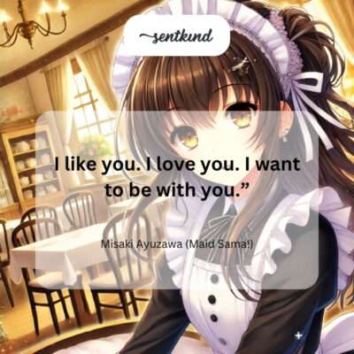 An anime image shows Misaki Ayuzawa looking at Takumi Usui with a vulnerable expression during a pivotal romantic scene from Maid Sama!.