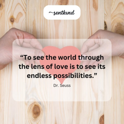 A pair of eyes looking through heart-shaped glasses at a world full of vibrant potential.