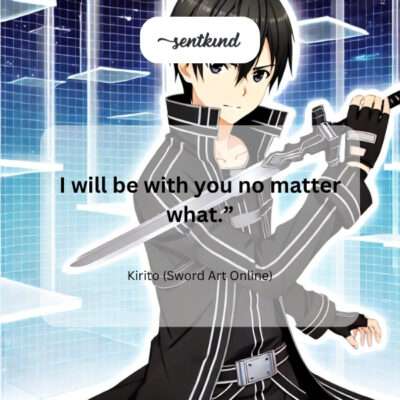 Kirito from Sword Art Online stands resolutely with a determined expression, his hand extended slightly, conveying a promise of unwavering support.