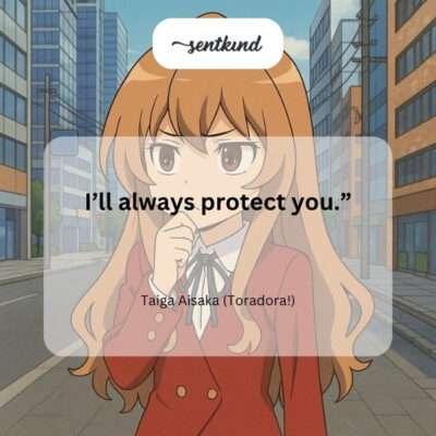 A small anime girl with long orange hair and a determined expression stands in a protective stance.