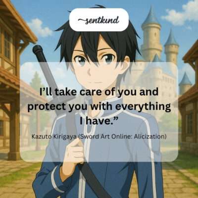 Kirito stands resolutely with his sword drawn in a fantasy forest, shielding someone from unseen danger, embodying his pledge to protect.