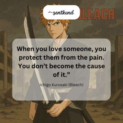 A determined Ichigo Kurosaki stands protectively in front of his friends, ready to defend them from unseen threats.