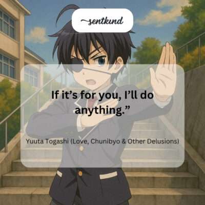 An illustration depicts Yuuta Togashi from Love, Chunibyo & Other Delusions with a serious and determined expression.