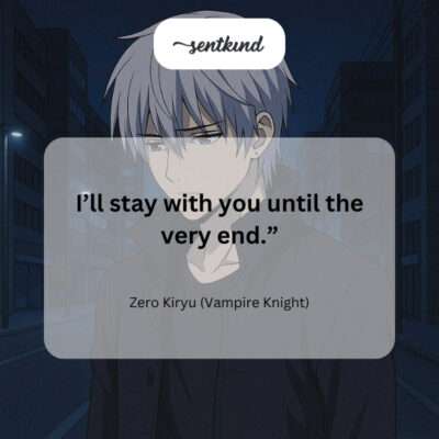 Zero Kiryu, a silver-haired vampire hunter, stands protectively over Yuki Cross, his expression resolute, embodying his promise of unwavering loyalty.
