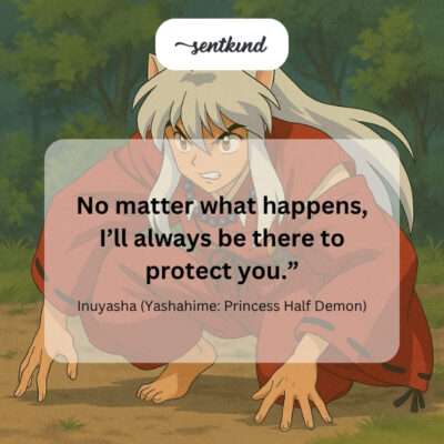 Inuyasha stands protectively in front of Moroha, his sword drawn, shielding her from an unseen threat with a determined expression.