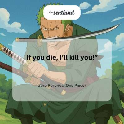 A green-haired swordsman with three swords stands ready, displaying a determined and serious expression.