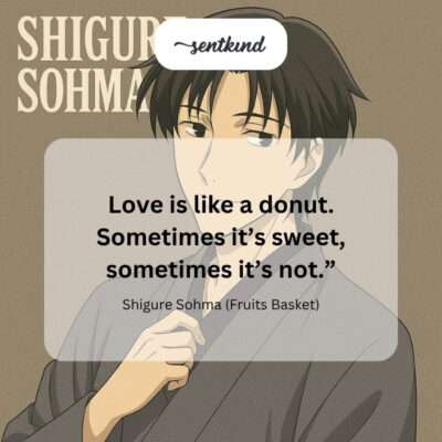 Anime character Shigure Sohma holds a donut while contemplating the complexities of love.