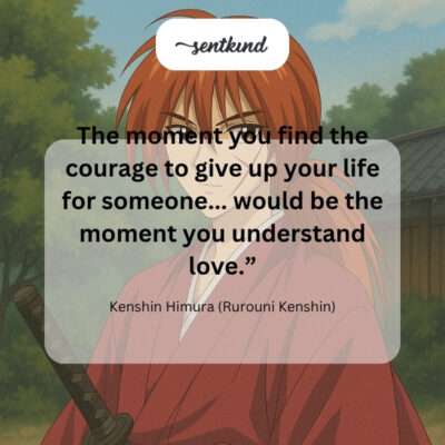Anime artwork of Kenshin Himura standing protectively, sword drawn, with a determined yet melancholic expression.