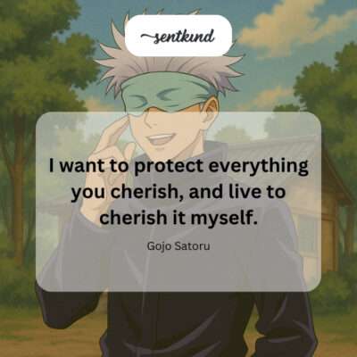 A powerful character with white hair and a blindfold stands protectively before a scene, emanating an aura of immense strength.