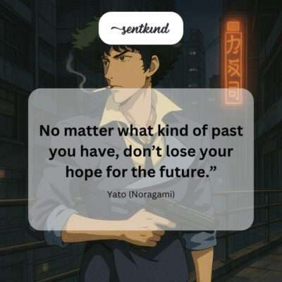 An anime character with blue eyes and dark hair stands resolute, looking towards a bright, hopeful horizon with a challenging past implied behind him.