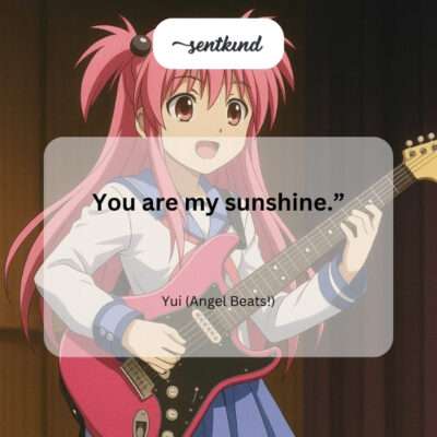 Anime character Yui from Angel Beats is depicted with a bright smile, possibly under a spotlight or in a sunny setting.