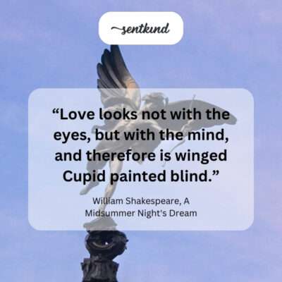 A blindfolded Cupid with wings and a heart.