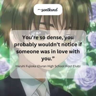 An anime illustration features Haruhi Fujioka from Ouran High School Host Club looking slightly annoyed while wearing her school blazer.
