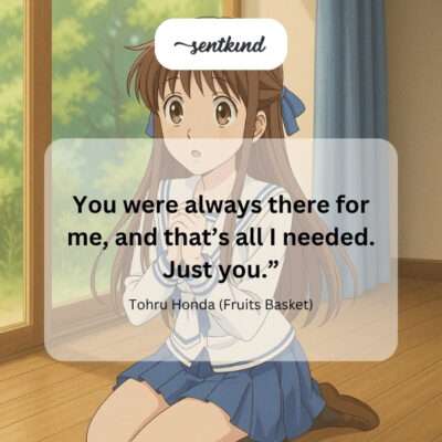 An anime image shows Tohru Honda smiling warmly at Kyo and Yuki Soma, representing her unwavering support.