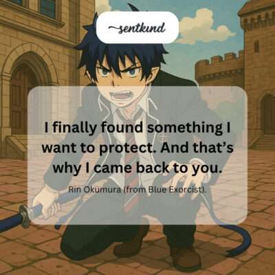 An anime character with blue flames standing protectively in front of another person, their expression determined.