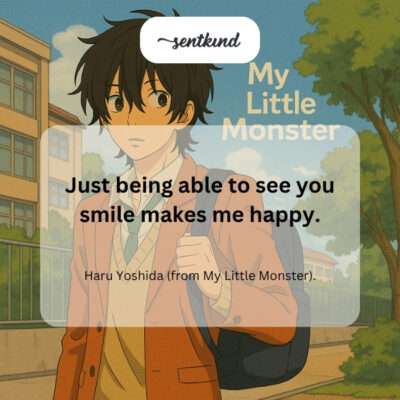 An illustration depicts Haru Yoshida looking affectionately at Shizuku Mizutani who is smiling brightly in a scene from My Little Monster.