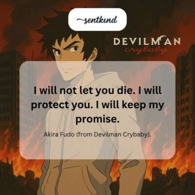 Akira Fudo as Devilman stands protectively in front of another person, his eyes filled with fierce determination.