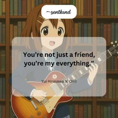 Anime character Yui Hirasawa from K-On! embraces a friend with a look of deep love and appreciation, symbolizing a cherished bond.