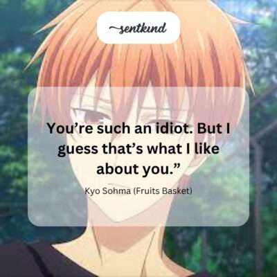 A red-haired anime boy with spiky hair looks frustrated while speaking to a smiling brown-haired girl, suggesting a reluctant yet fond dynamic.