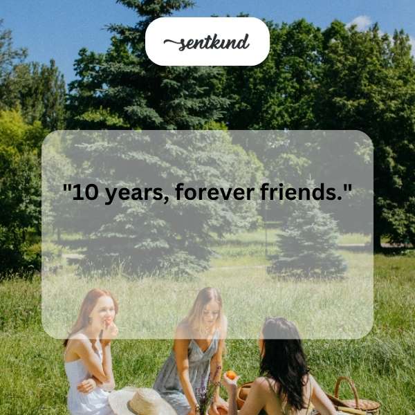 A group of friends smiling and laughing together, celebrating a decade of friendship.