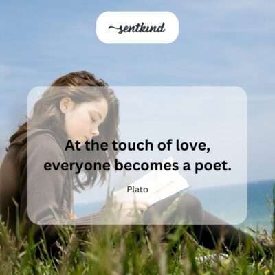Hands are shown holding a quill pen poised over a blank page, surrounded by soft, warm light and faint abstract symbols representing inspiration and affection.