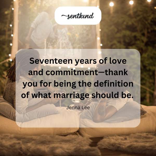A couple embraces, symbolizing seventeen years of marriage.