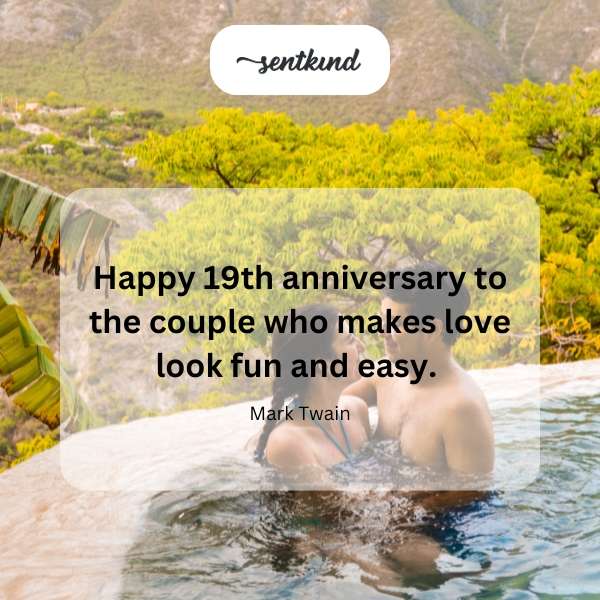 A couple cheerfully embracing, symbolizing nineteen years of love and laughter.