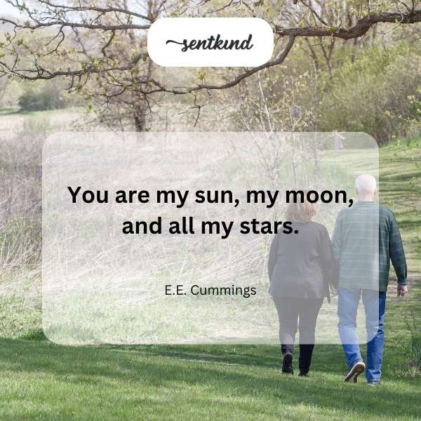 A radiant sun, glowing moon, and twinkling stars fill a dark night sky.