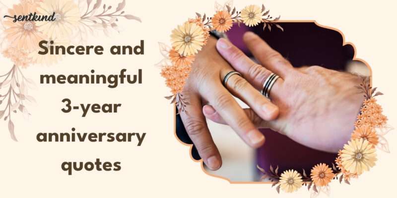 Close-up of two hands wearing wedding rings, symbolizing three years of love and commitment, with floral border