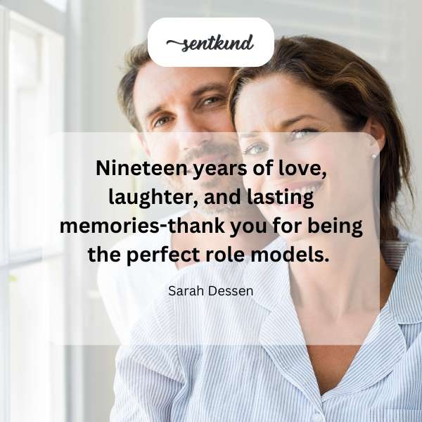 A framed photo collage showcasing a couple's joyful moments over nineteen years.
