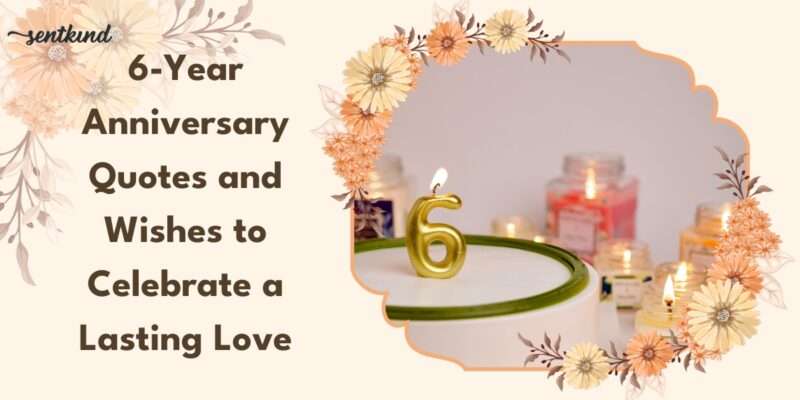 A cake with a golden number 6 candle surrounded by glowing anniversary candles