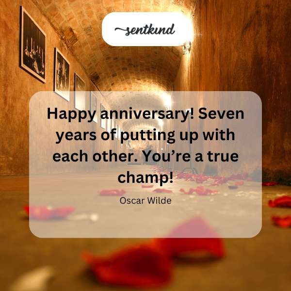 A celebratory champagne toast symbolizes a seventh wedding anniversary.