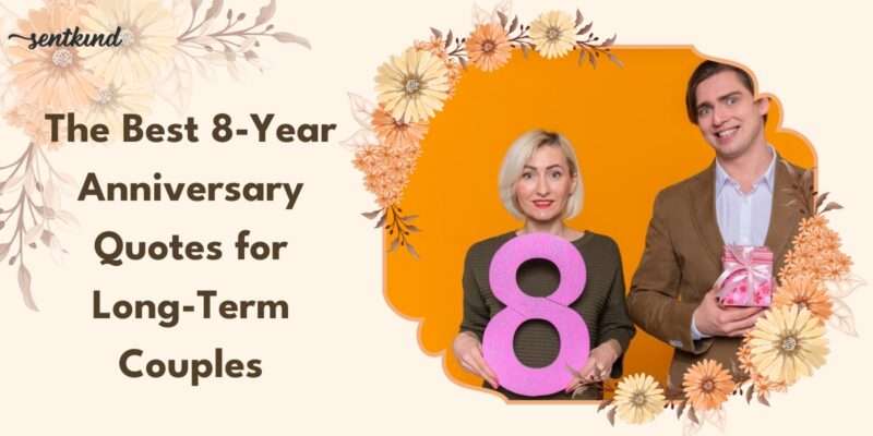 Smiling couple celebrating 8-year anniversary with a pink number 8 and a gift box against an orange background