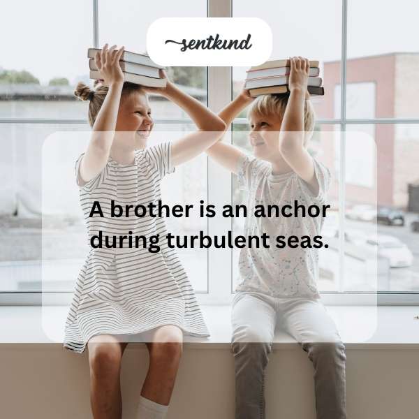 Two brothers are embracing tightly on a rocky shore with a stormy sea in the background.