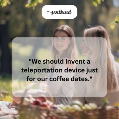 Two friends laughing over coffee, with a humorous thought bubble about teleportation.