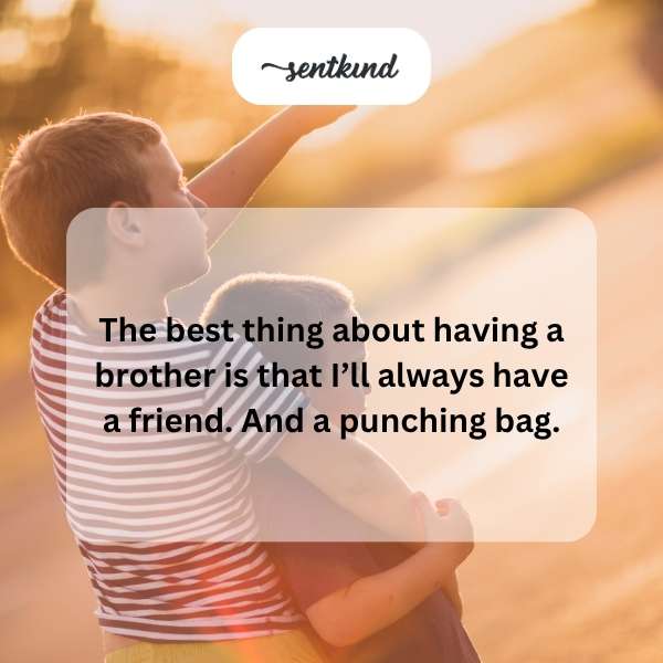 Two brothers are playfully boxing, one grinning mischievously.