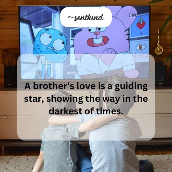 Two brothers are walking together at night under a starry sky, holding hands and smiling.