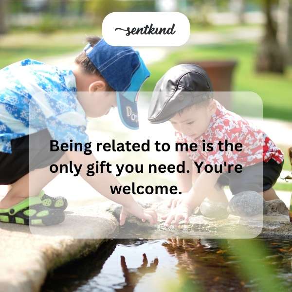 A person proudly presenting a wrapped gift with a smug expression.