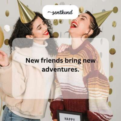 Two people laughing and exploring a new place together, symbolizing the adventures new friends bring.